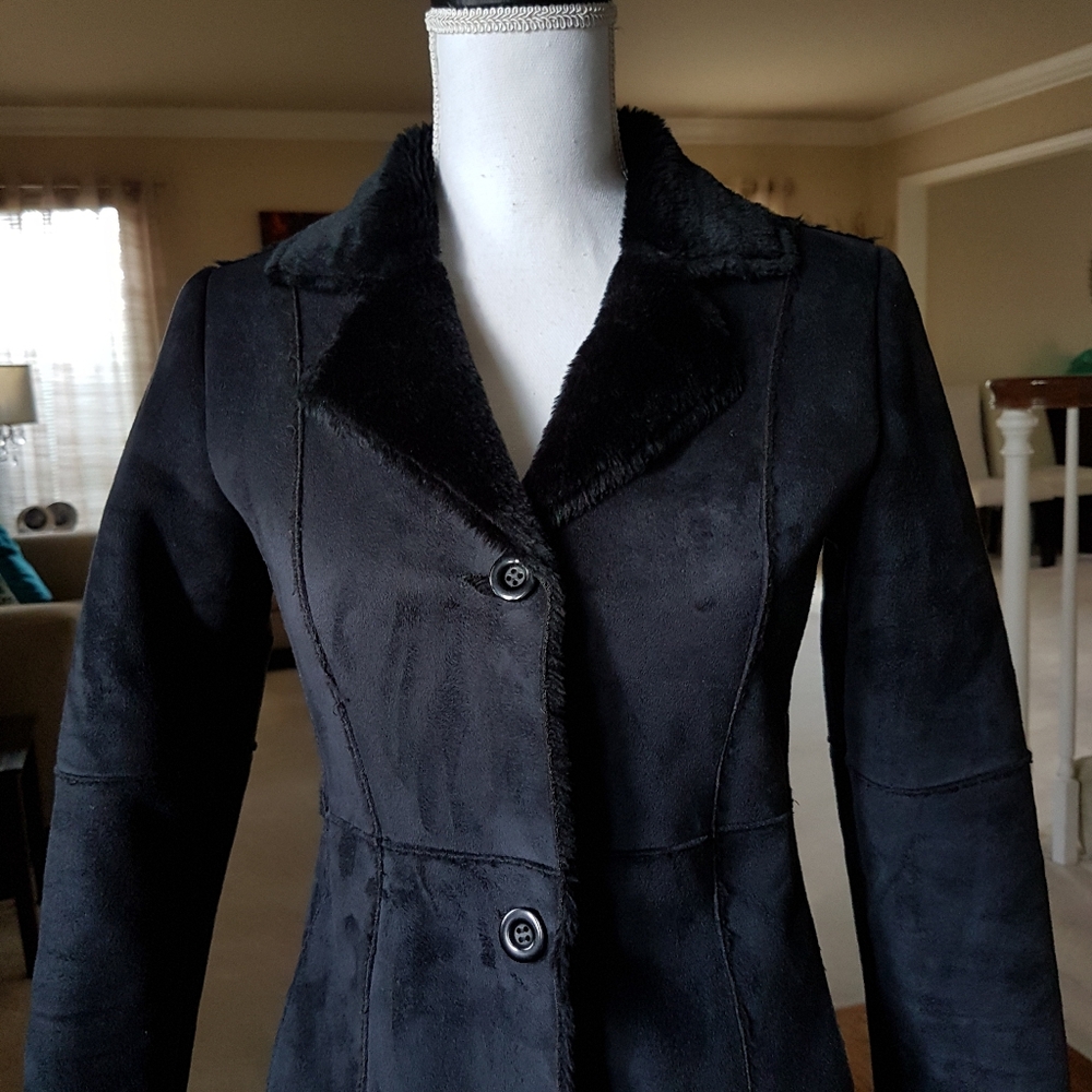 Black Faux Suede Faux Fur Shearling Coat from Italy - Picture 12 of 14